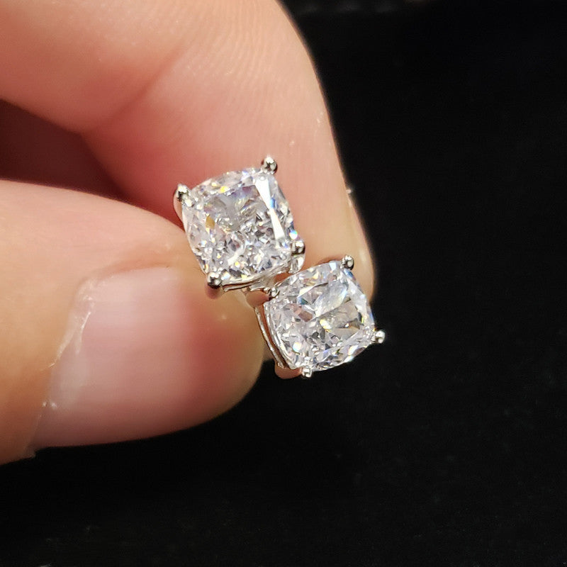 New Pillow-cut Cubic Zirconia Stud Earrings, 8x8mmsimple, Versatile, And Elegant