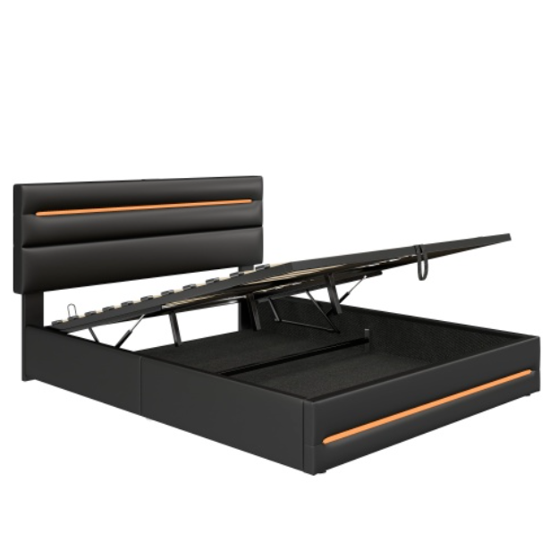4ft6 Double Upholstered Bed Frame With Hydraulic Storage, PU Ottoman Bed With LED Lighting And Charging Station, LED Adjustable Headboard With USB And Type - C Ports, Black