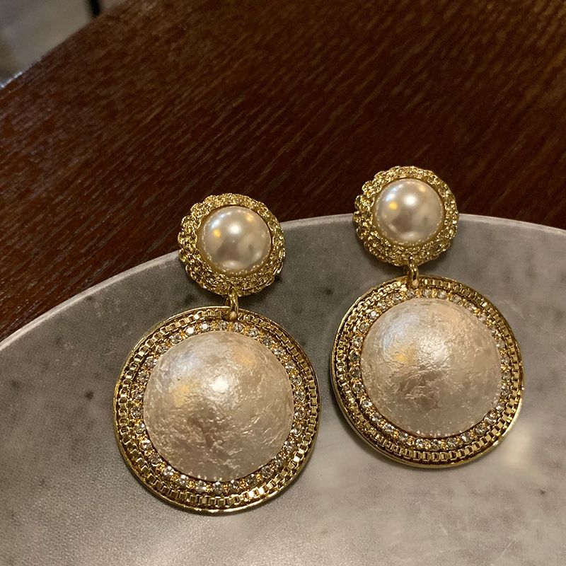 Korean Style Geometric Round Diamond-Studded Drop Earrings, Retro Cotton Pearl Earrings, Light Luxury Niche Premium Jewelry For Women