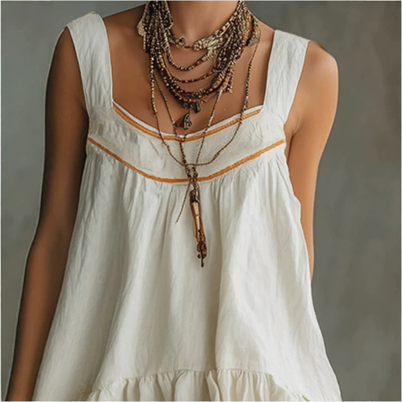 New Retro Casual Chic Embossed Comfortable Solid-color Cotton-linen Mini Slip Dress