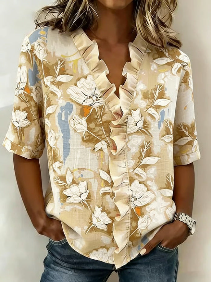 Printed Womens Fashion Floral V-neck Shirt