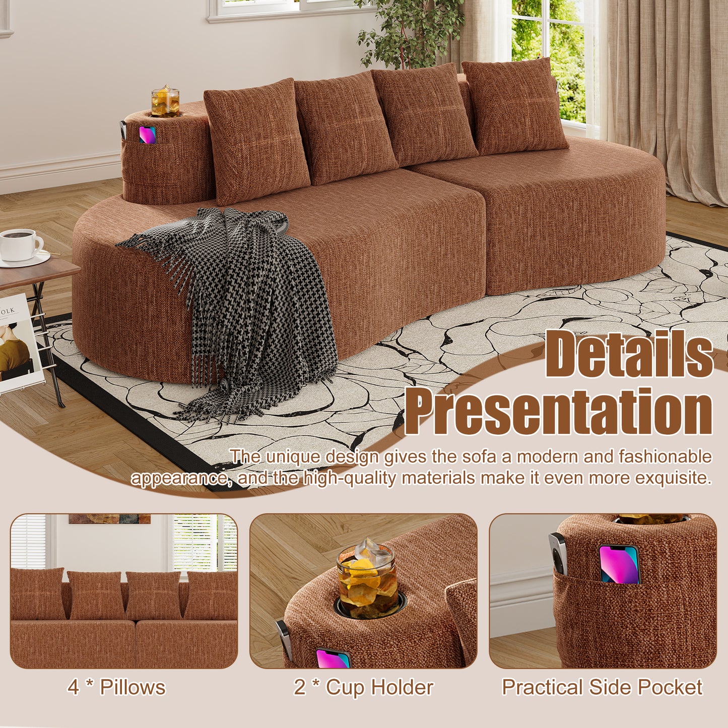 Modern Curved Sectional 3 Seat Minimalist Elegant Half Moon Sofa Compressed Modular Sectional Sofa For Living Room, Office, Apartment