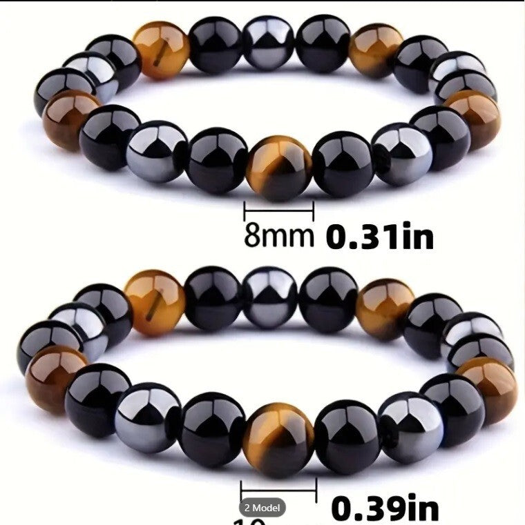 Triple Protection Bracelet, 2 Pieces Black Obsidian Tiger's Eye Stone Hematite Bracelet, Natural Tiger's Eye Bracelet Good Luck Bracelet Gift For Him Friend Husband Father