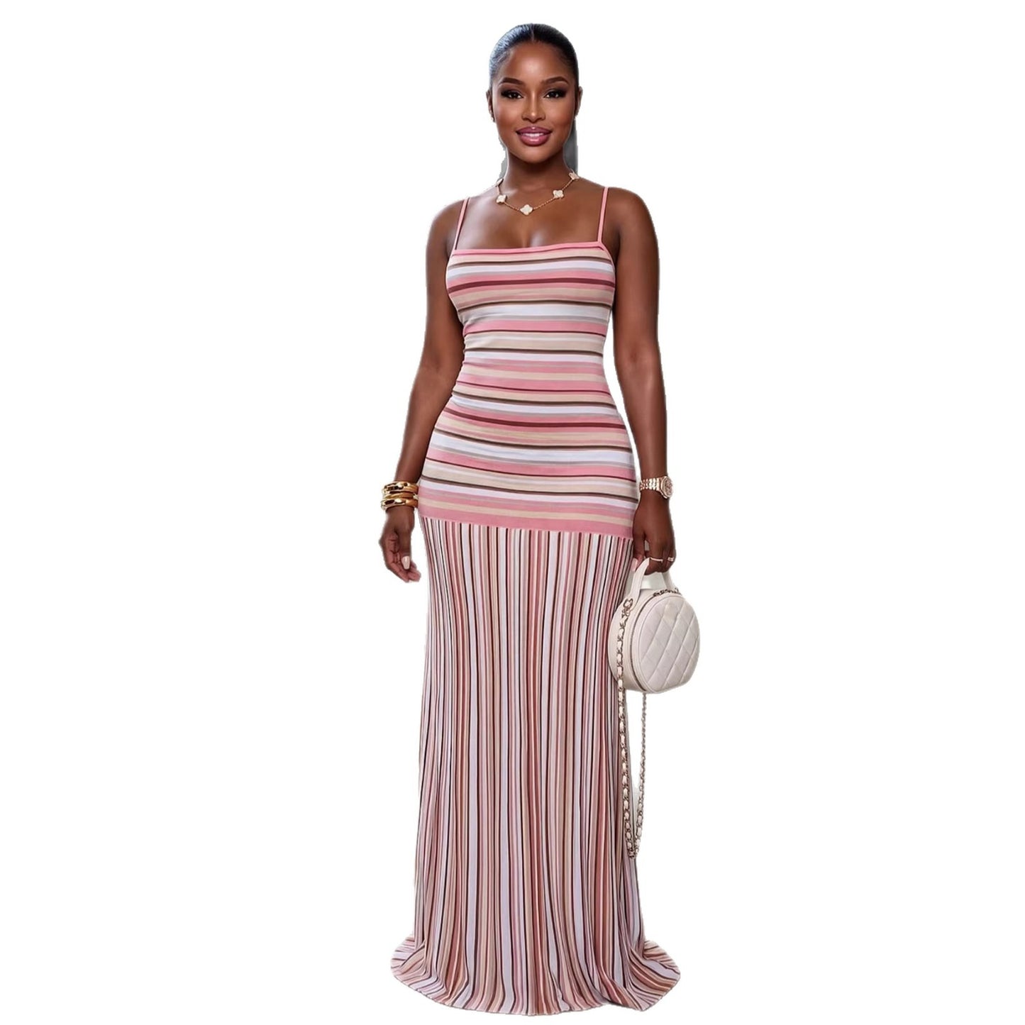 Womens Summer Fashion Strap Dress With Color-Block And Striped Backless Design