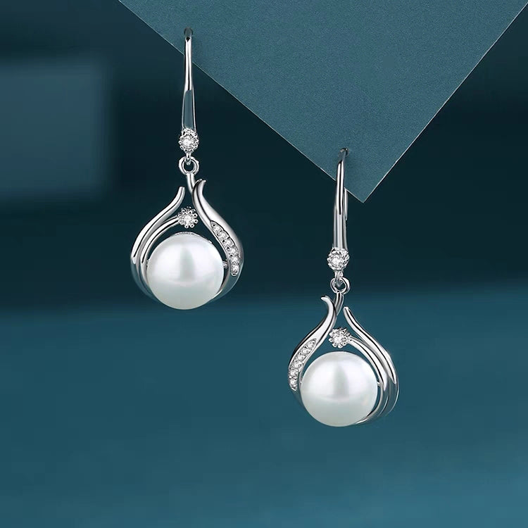 1 Pair 999 Sterling Silver Zircon Flame-shaped Pearl Drop Earrings, Elegant & Slimming, Perfect For Daily, Party & Dating, Ideal Valentine's Gift