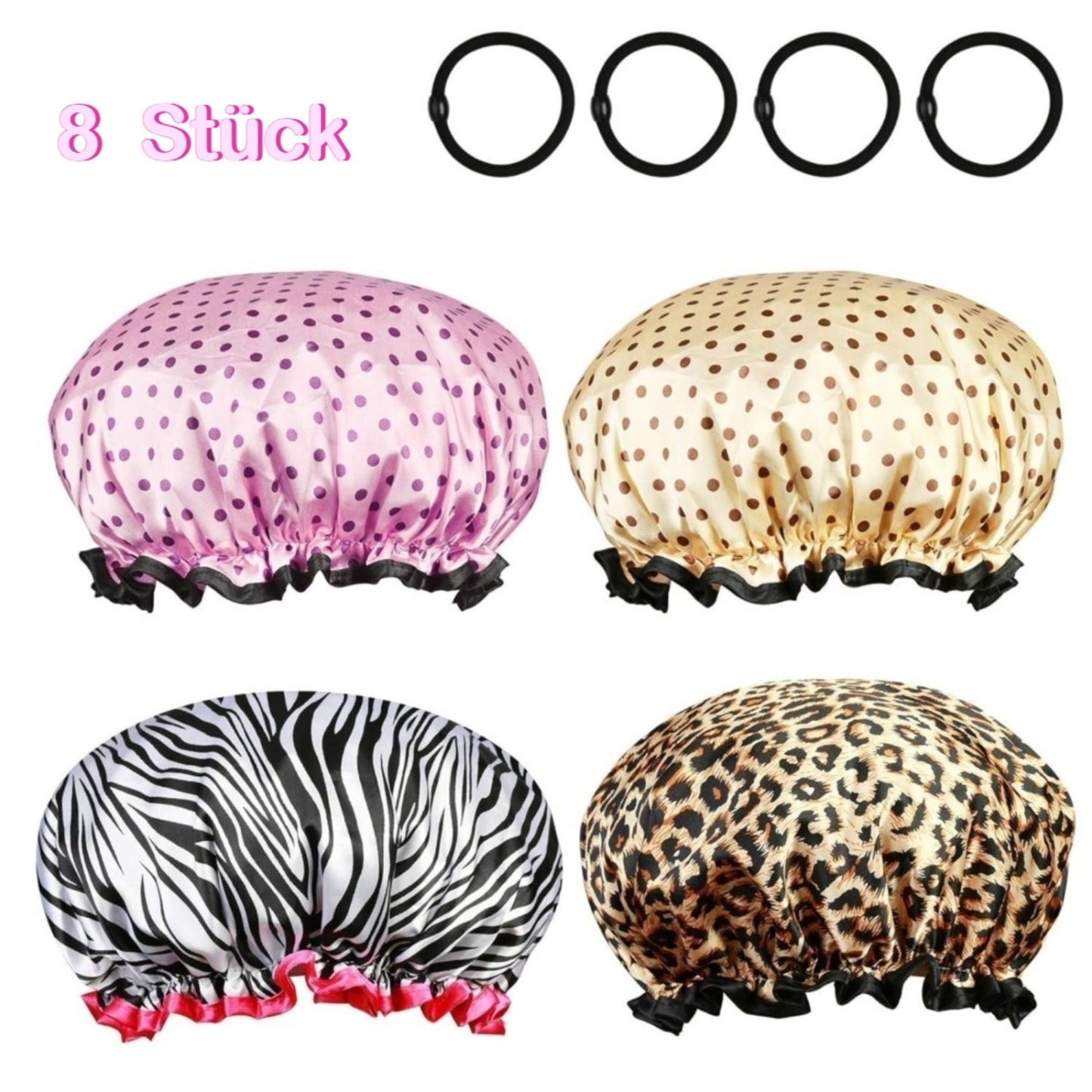 Set Of 4 Shower Caps – Pink & Yellow Polka Dots, Leopard And Zebra Patterns For Women – Party Supplies Set