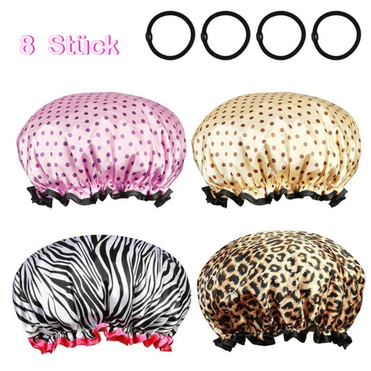 Set Of 4 Shower Caps – Pink & Yellow Polka Dots, Leopard And Zebra Patterns For Women – Party Supplies Set