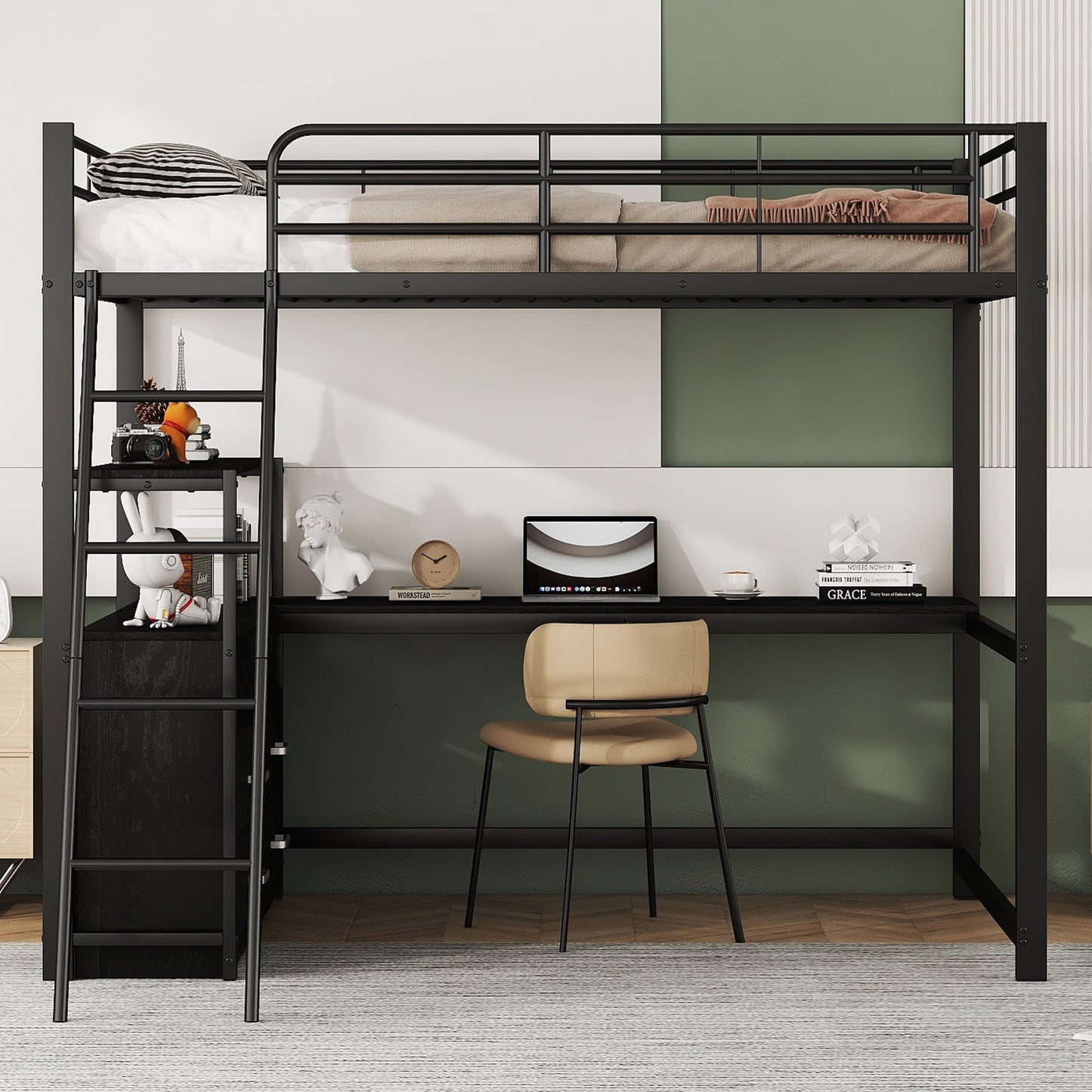 Loft Bed, 140X200cm, Iron Frame Bed, Practical Drawers, Stylish L-shaped Desk, Laminate Design, Without Mattress, Black