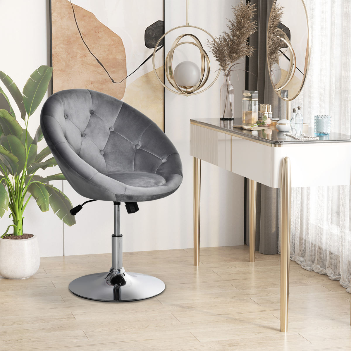Swivel Dressing Stool, Velvet-feel Upholstered Vanity Chair, Adjustable Height Tub Makeup Chair With Button Tufting And Thick Padding For Bedroom, Grey