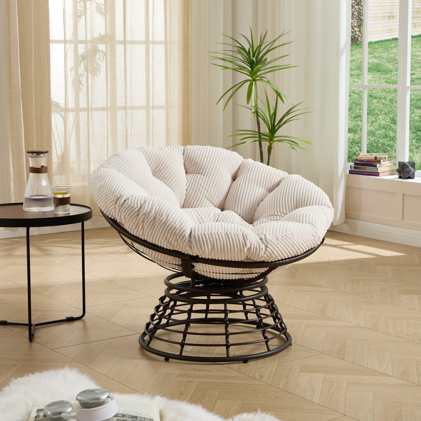 Comfortable Ergonomic Wicker Papasan Chair, 360 Swivel Indoor Outdoor Rattan Chair With Soft Thick Cushion, Ideal For Living Room, Bedroom, Reading Room, Brown Frame With White Cushion Corduroy