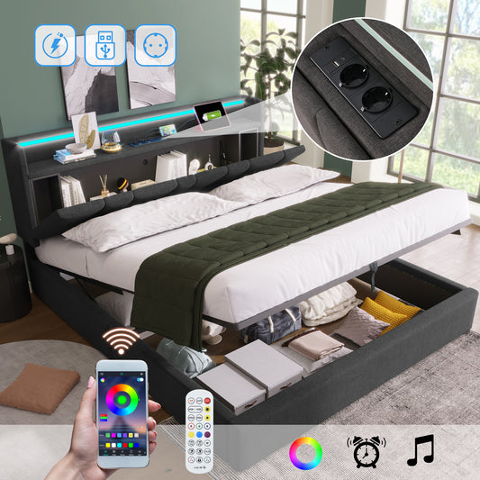 Upholstered Bed Double Bed With Charging USB Charging Function Storage Headboard And LED Lighting, Double Bed 140x200cm Storage Beds Bed Frame, Wooden Slatted Base, Grey  Without Mattress