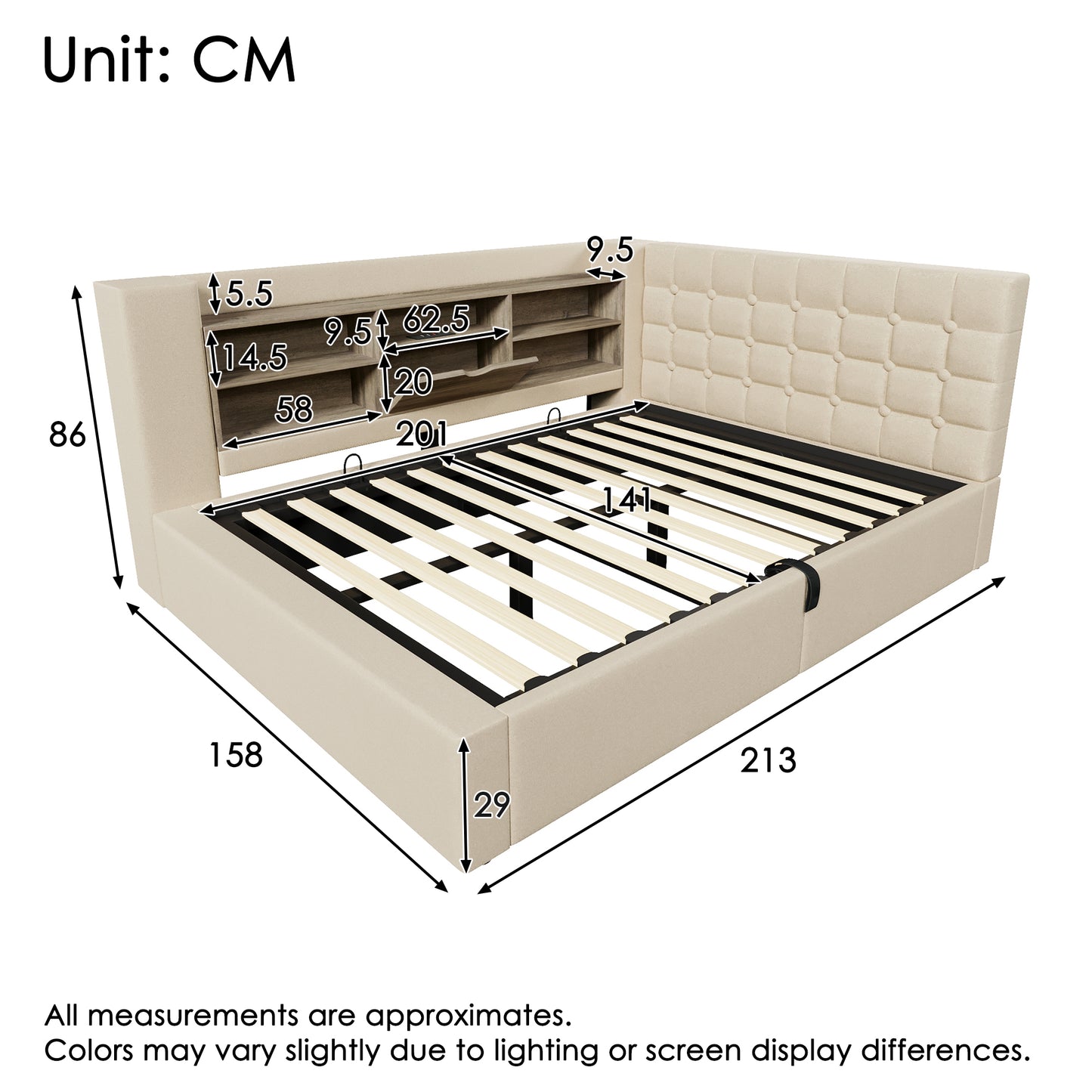 Upholstered Bed 140x200 Cm Double Bed With LED Lighting, Hydraulic Storage Space, L-shaped Headboard With Storage Space, Can Be Mounted On Both Sides, Slatted Base, Linen Fabric, Beige  Without Mattre