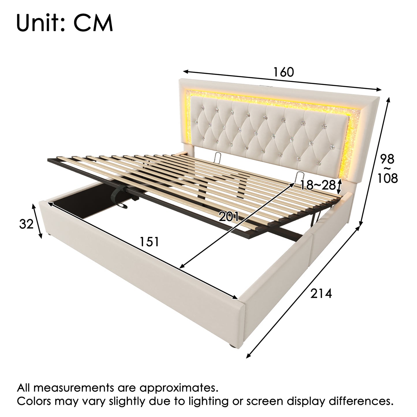 Upholstered Bed 150 X 200 Cm With LED Lighting, USB Type-C Charging, 5ft Hydraulic Storage Bed With Adjustable Diamond Tufted Headboard, Velvet, Beige No Mattress