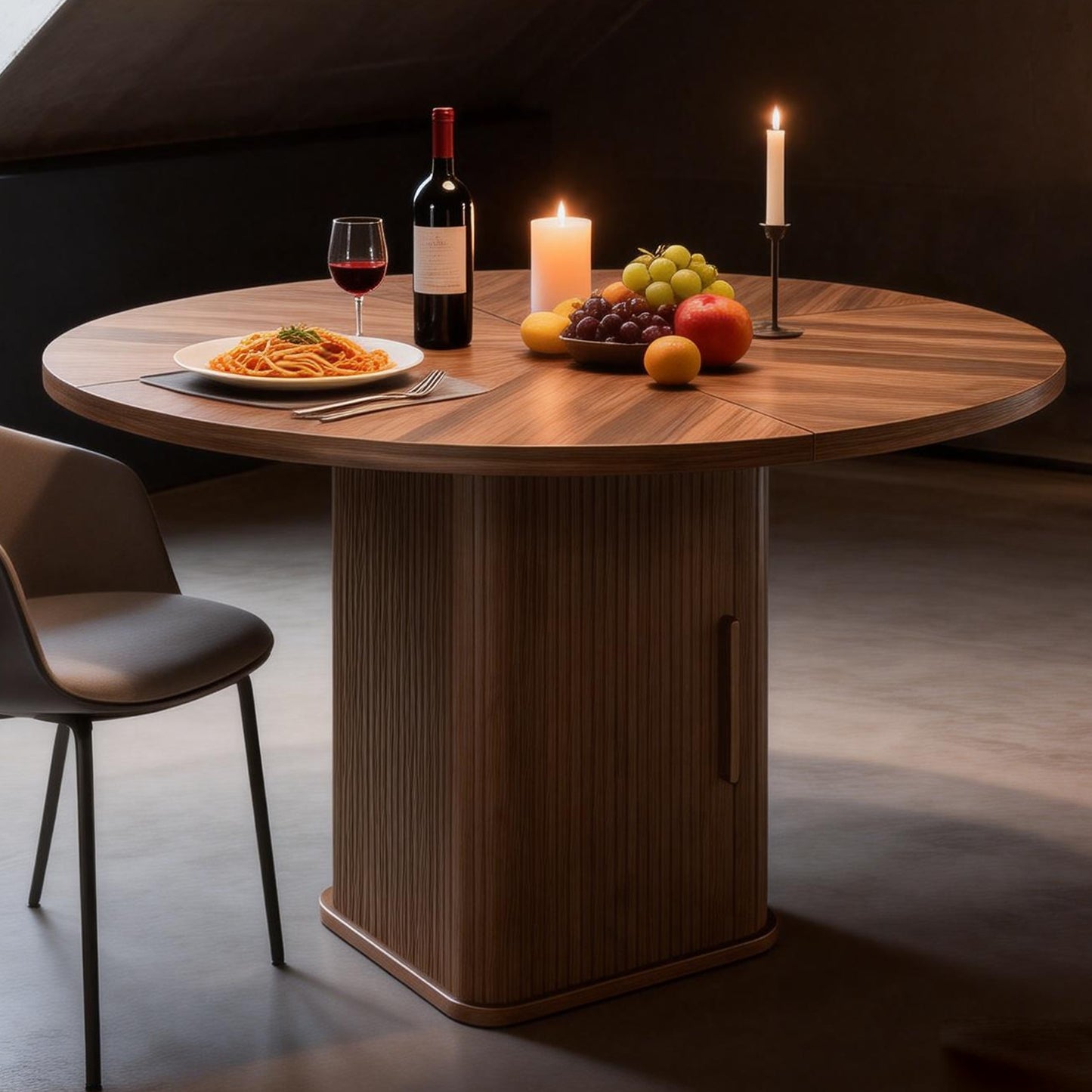 47in Dining Table Exquisite Round Table With 2 Storage Shelf Wood Slide Door And Wooden Base For Dining Room Home Kitchen Canteen
