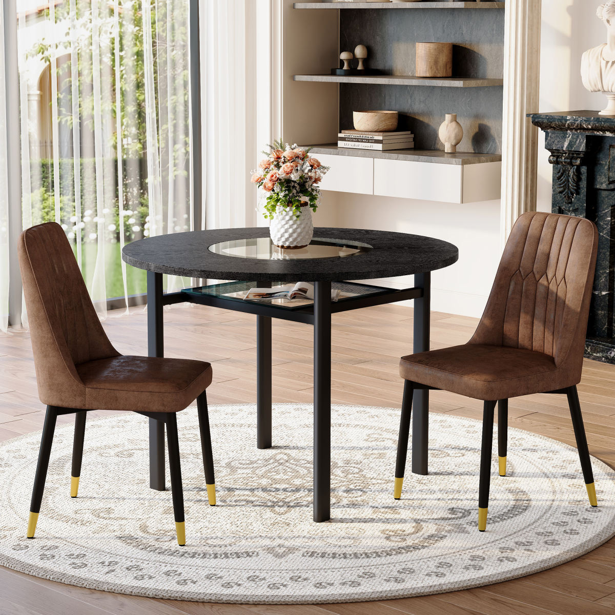Modern Minimalist Round Table Set  With 2 Brown Armchairs In Tech Fabric And Black Metal Legs , Round Table With A Diameter Of 100 Cm In Black Wood Effect, Suitable For Living Rooms.