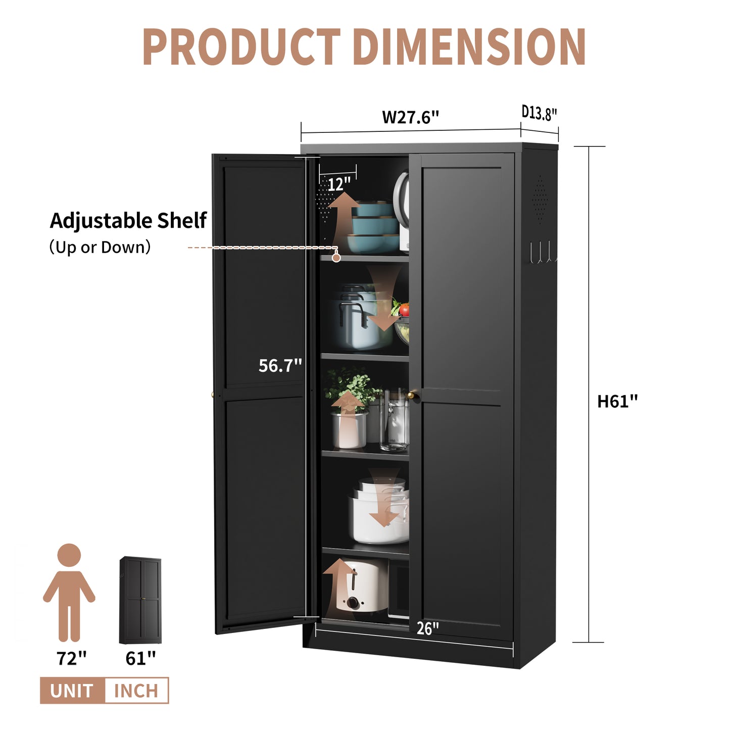 61  Black Metal Kitchen Pantry Cabinet Adjustable Storage With 4 Shelves  110lb Capacity , Heavy Duty Freestanding Pantry Organizer For Kitchen, Pantry, Living Room