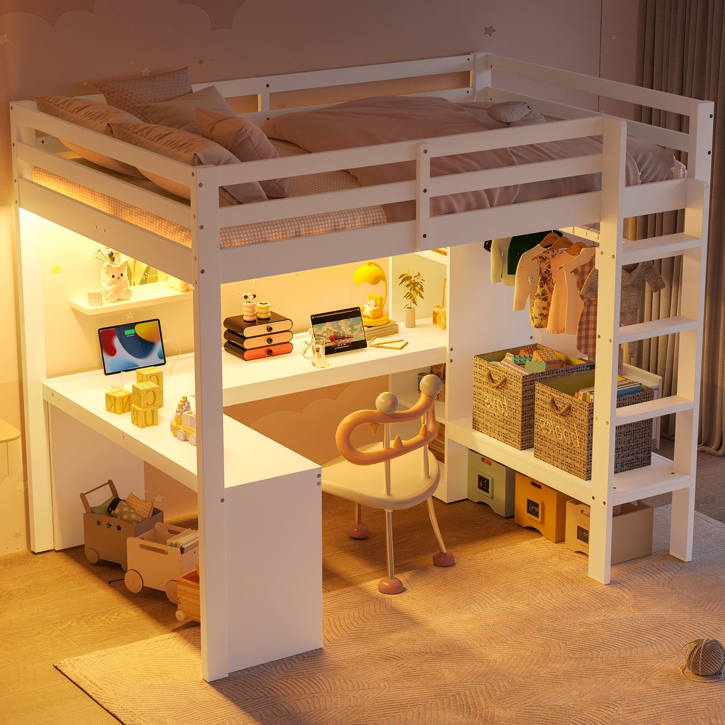 Loft Bed 140x200 With Multifunctional Shelves, Underbed Desk, LED Light And USB, White