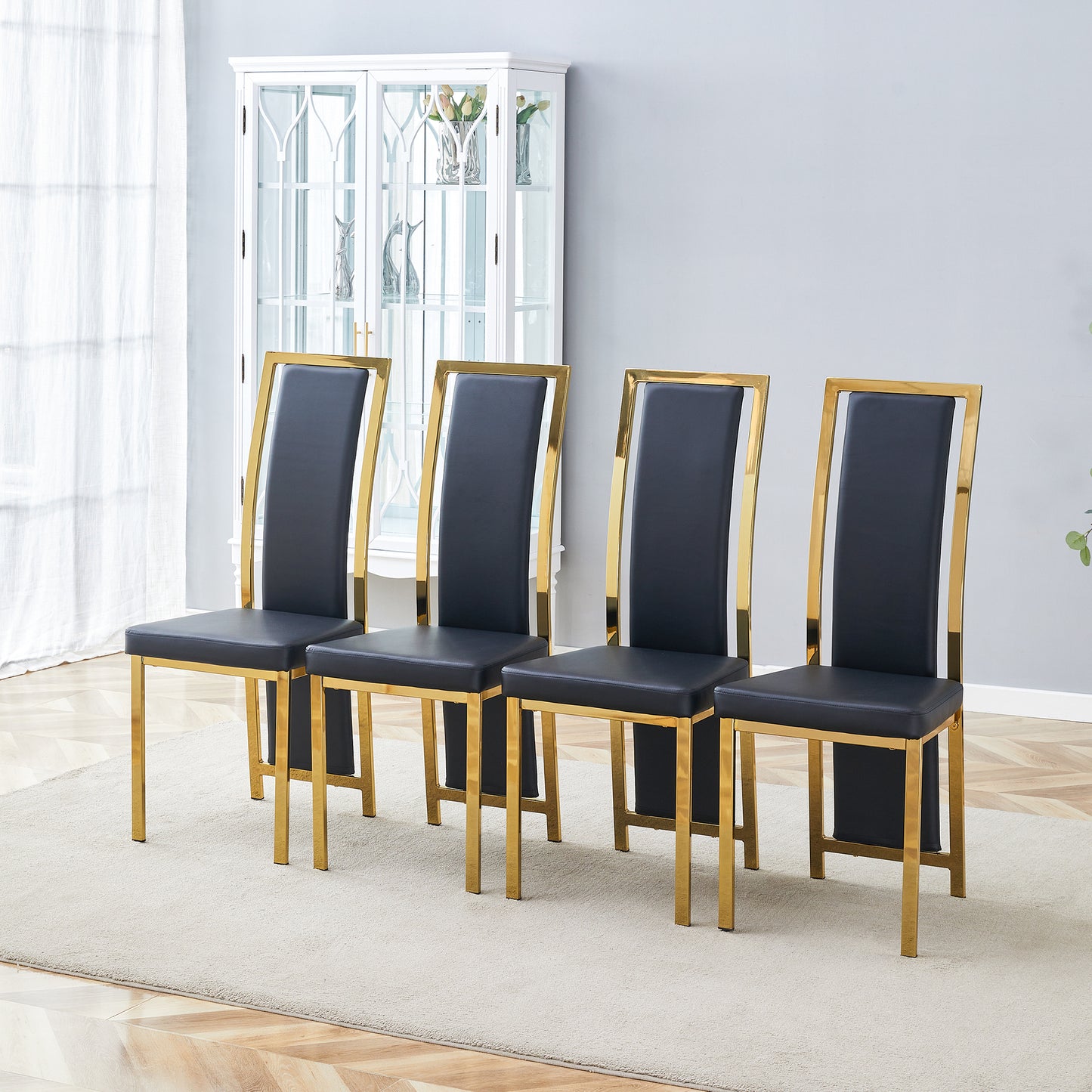 Set Of 4 European Minimalist Dining Chairs With Gold Edge. Black PU Leather   Gold Luster Metal Frame, 109cm High, For Versatile Uses Such As Dining Room, Office, Etc.