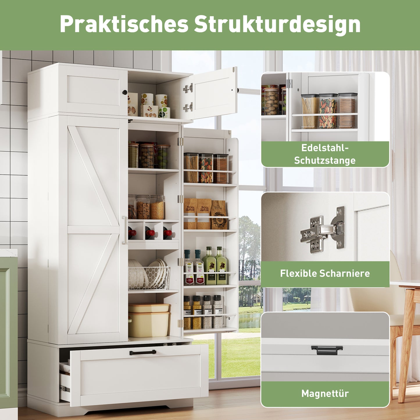 80x40x180cm Freestanding Kitchen Storage Cabinet With Adjustable Shelves, Drawers, Wine Rack And Doors With Shelves. Suitable For Dining Room And Living Areas.