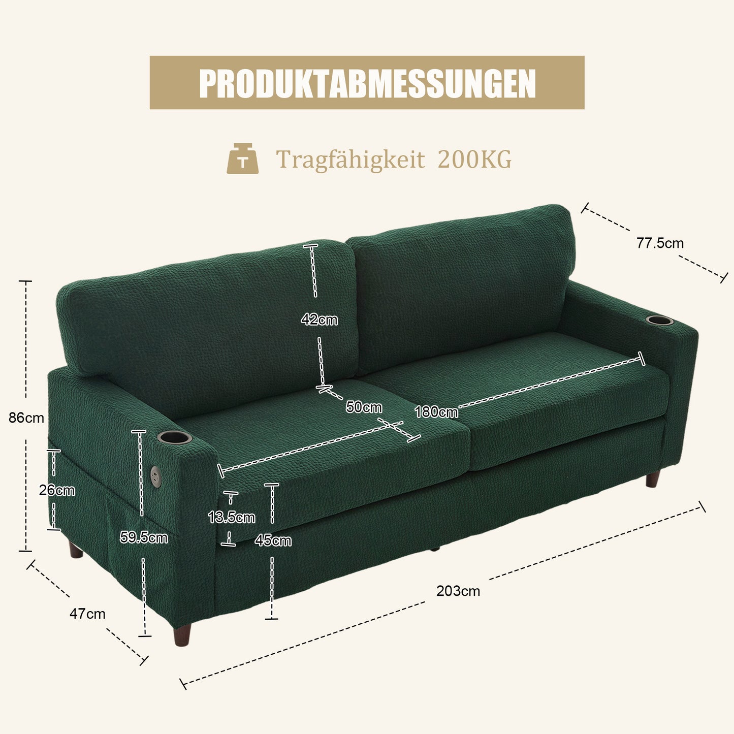 Modern 2-person Chenille Sofa With USB-C, LED Ambiance, Cup Holders And Side Pockets. Wood Metal Frame With Comfort Foam. Ideal For Living Room, Bedroom Or Office. Emerald