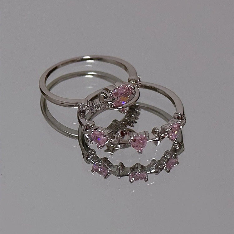 Korean-style Chic And Sweet Pink Diamond Heart Ring
