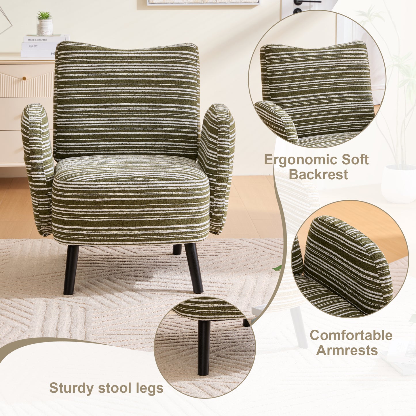 Modern Style Armchair With Sanded Fabric, Side Storage Pocket, Solid Wood Legs, Comfortable Reading Chair For Living Room, Bedroom, Office