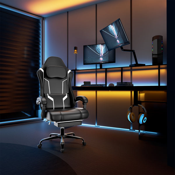 Ergonomic Gaming Chair, Video Game Chair With Pocket Spring Cushion And Footrest, Height Adjustable Computer Chair With Swivel Seat And Headrest   Faux Leather, Off-White