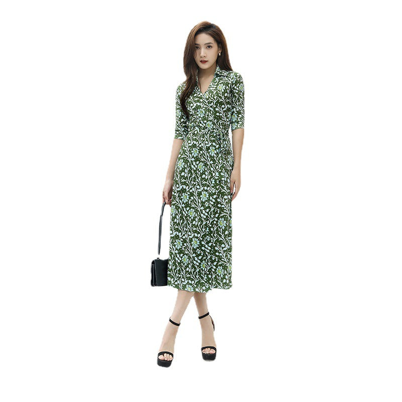 New Autumnwinter Mustard-green Velvet Floral-print Lapel Dress