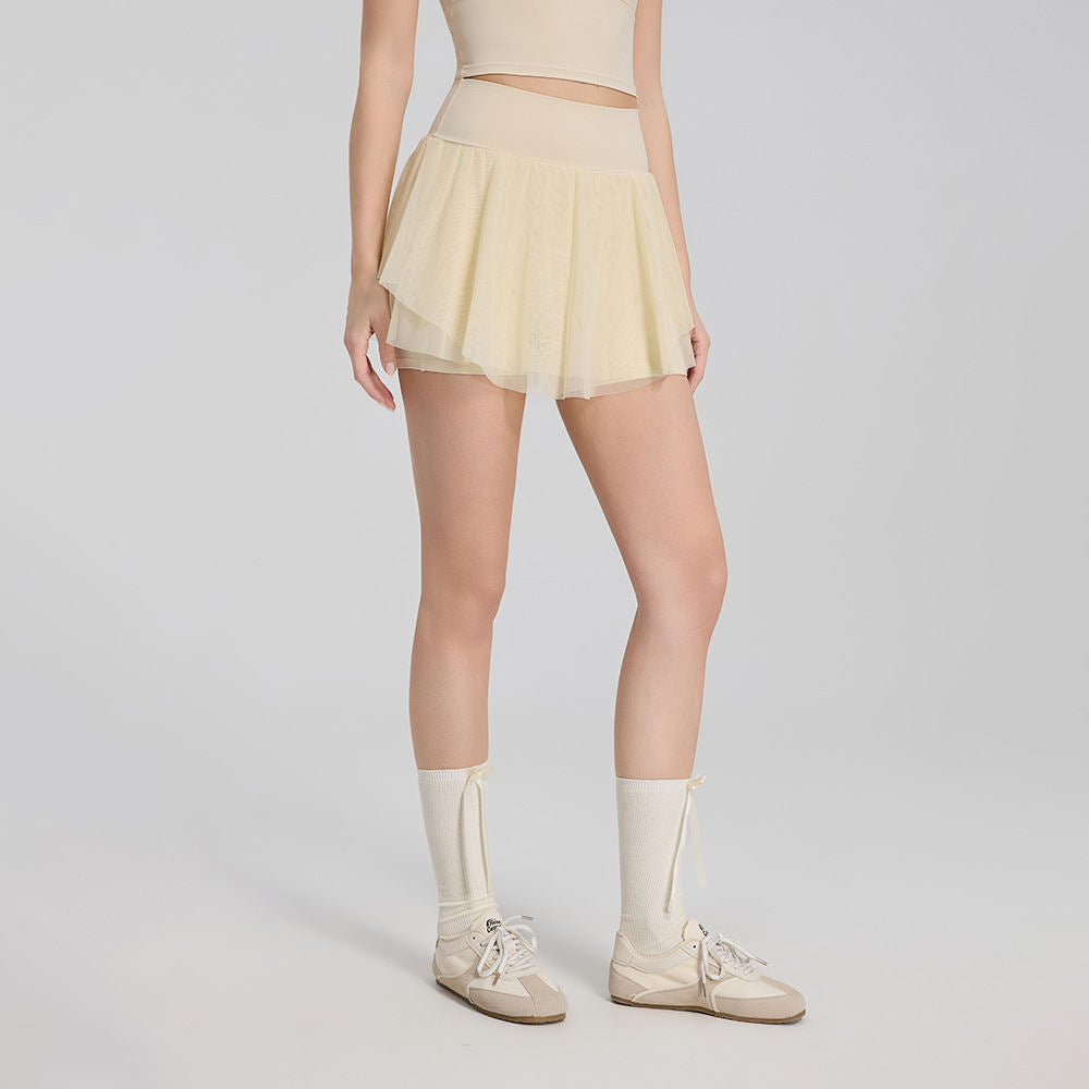 Summer Elastic Waist Sheer Panel Pocket Yoga Skirt