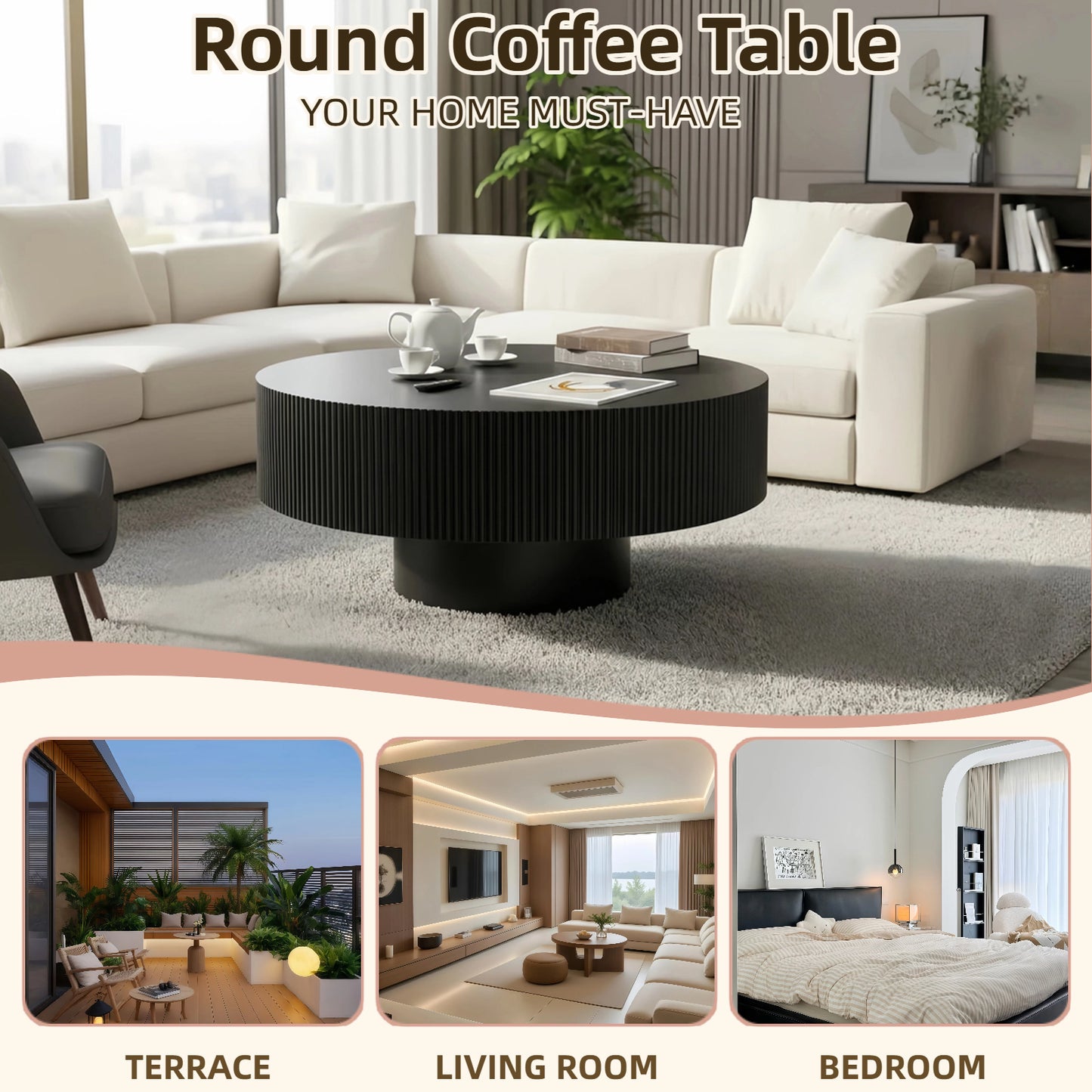 Round Coffee Table, Fluted Coffee Table With Sturdy Pedestal, Mid Century Modern Coffee Table For Living Room, Bedroom, Terrace, Office, Small Space  Black Round Thick