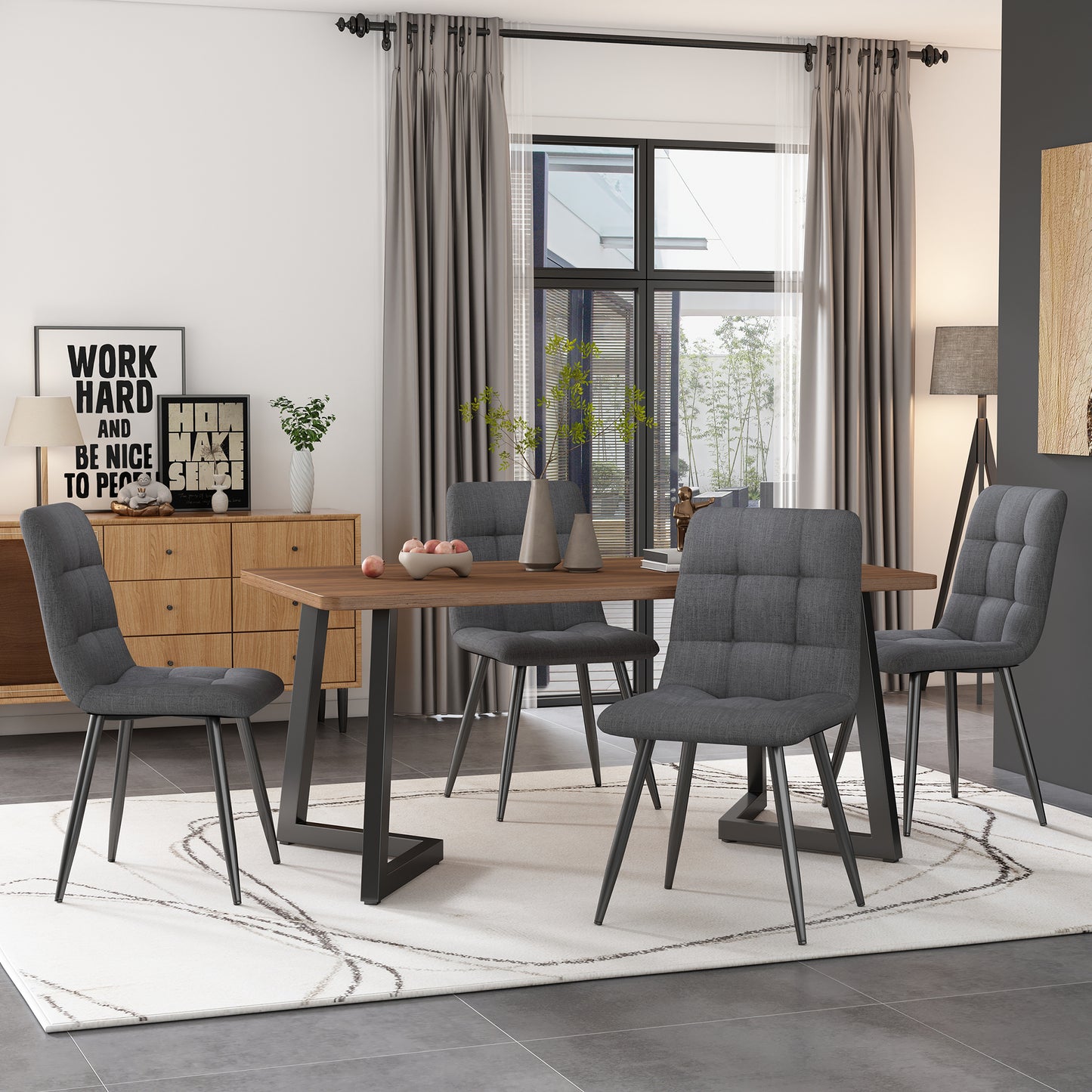 117x68cm Dining Table,  1pcs , Metal Frame Rectangular Dining Table, Wood Grain Kitchen Table With Metal Legs For Dining Room Living Room, Black  Walnut Color