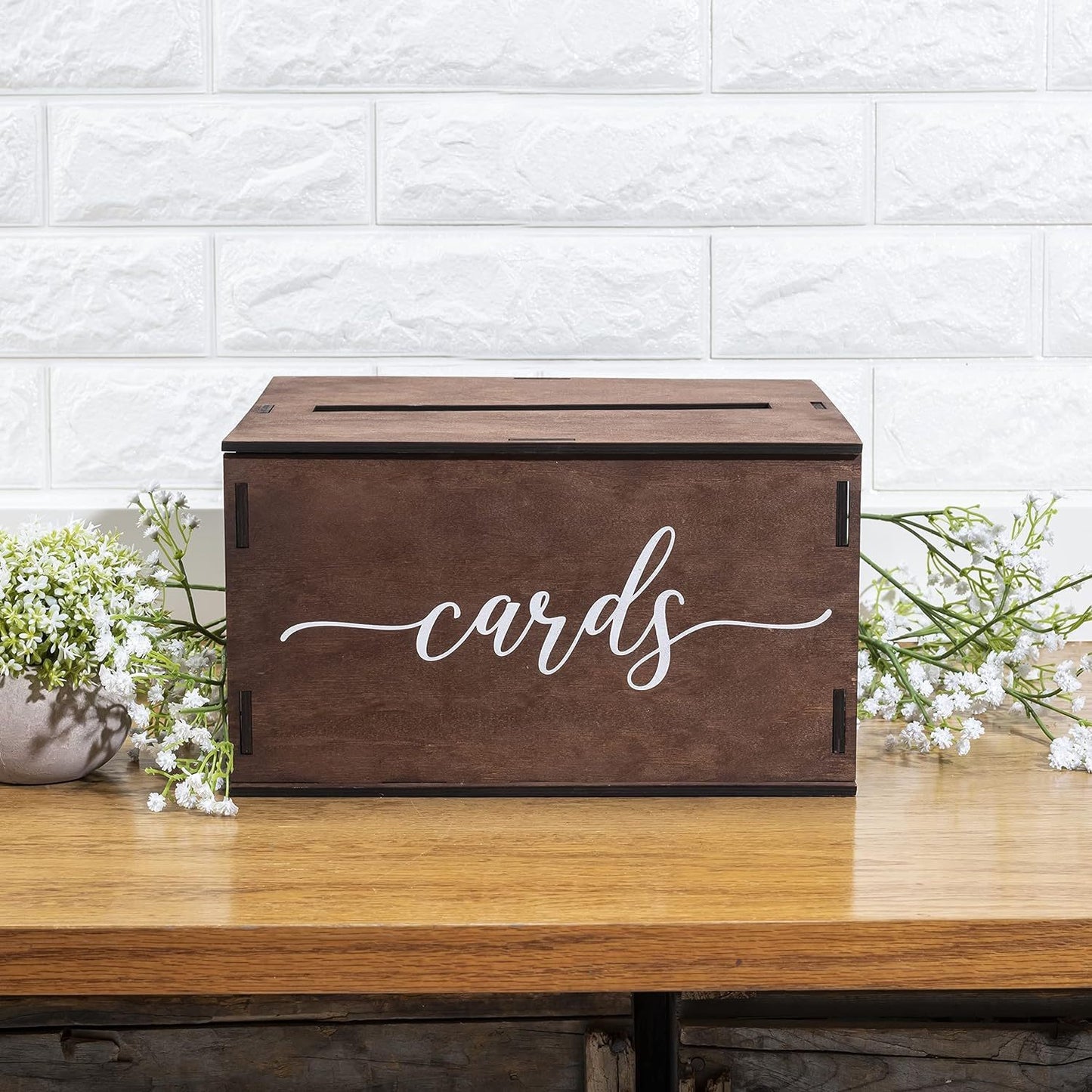 Rustic Dark Brown Wooden Wedding Card Box With Script Cards Print, Removable Lid Envelope Gift Card Holder For Wedding Reception Bridal Shower Party Decor