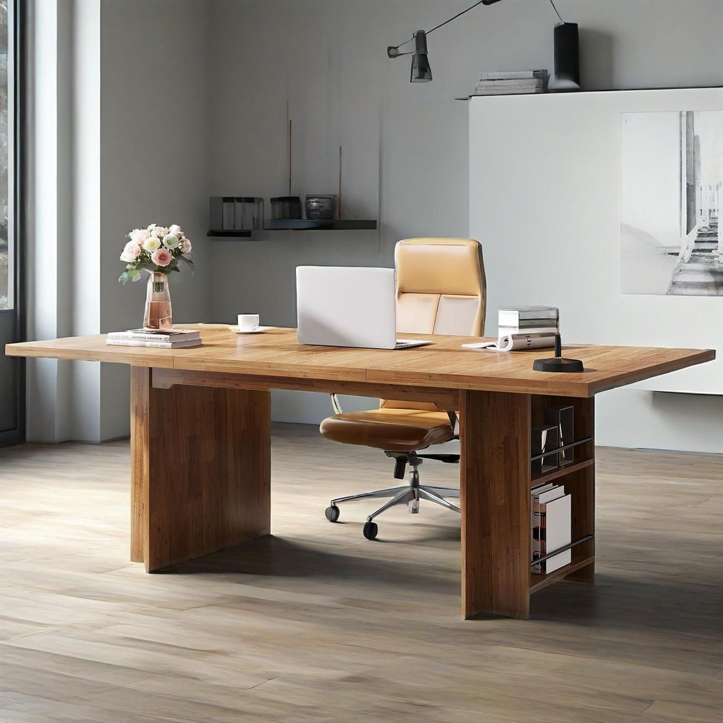 62.99-Inch Computer Desk, Modern Executive Office Desk, Large Long Writing Table With Storage Shelves