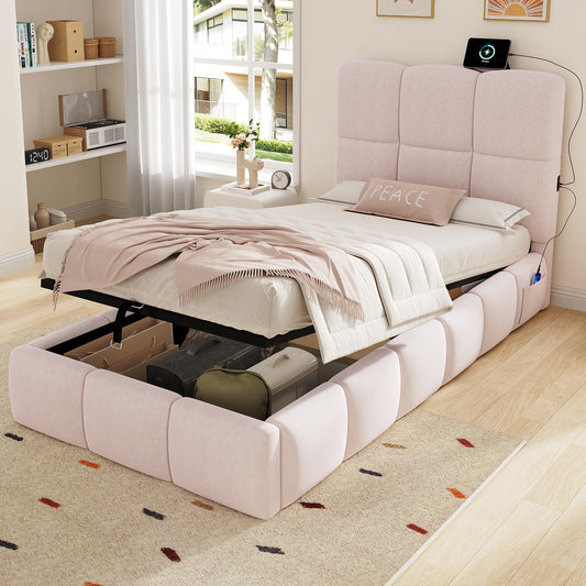 Upholstered Bed, Single Bed, Cot 90 X 200cm, Hydraulic Functional Bed, Bed With Slatted Base, Headboard, Large Storage Space And USB Charging Port, Upholstered Headboard, Velvet, Pink