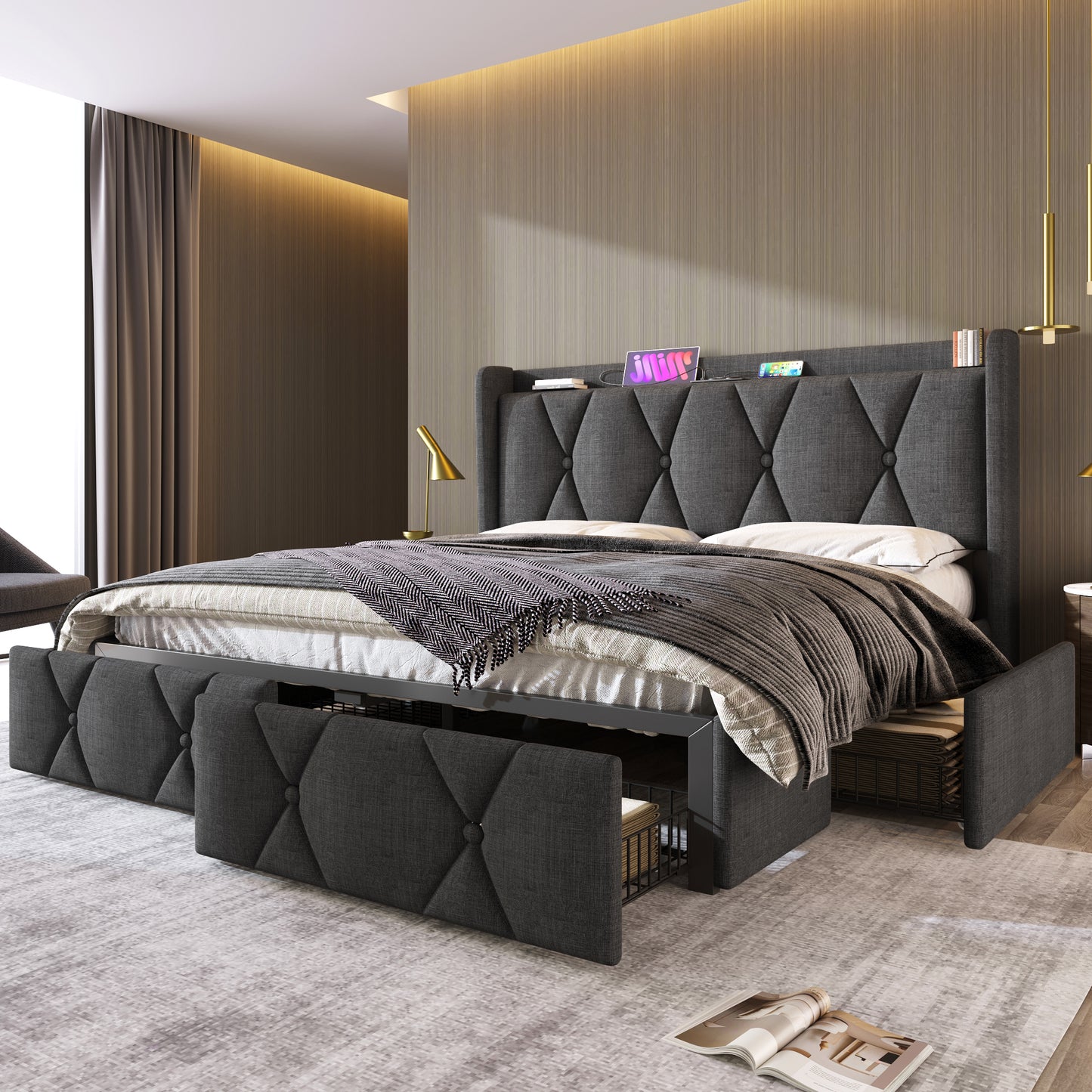 Upholstered Bed With Charging, USB Charging Function, Headboard And 4 Drawers, Double Bed 160x200cm, Storage Beds, Bed Frame, Wooden Slatted Base, Grey Without Mattress