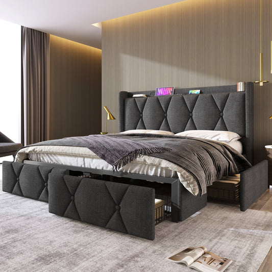 Upholstered Bed With Charging, USB Charging Function, Headboard And 4 Drawers, Double Bed 140x200cm, Storage Beds, Bed Frame, Wooden Slatted Base, Grey  Without Mattress