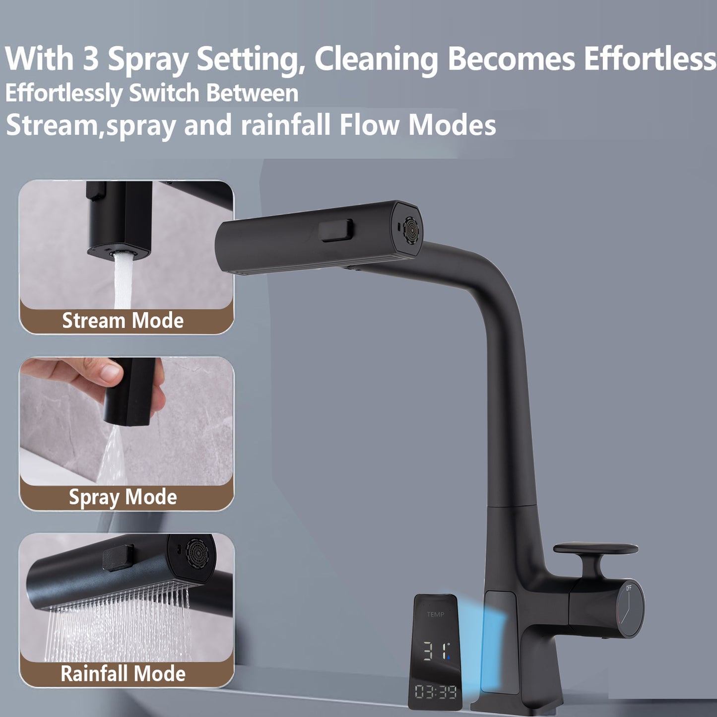 Matte Black Waterfall Kitchen Faucet With Temperature Display, Single Handle Kitchen Faucet With Pull Down Sprayer, Modern Kitchen Sink Faucet, Three Water Outlet Modes