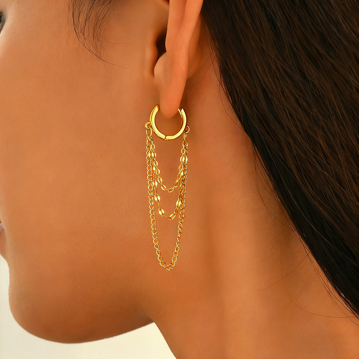 Cross-border European American Women Huggie Earrings, Geometric Tassel Chain Design, Premium Versatile Fashion Ear Jewelry
