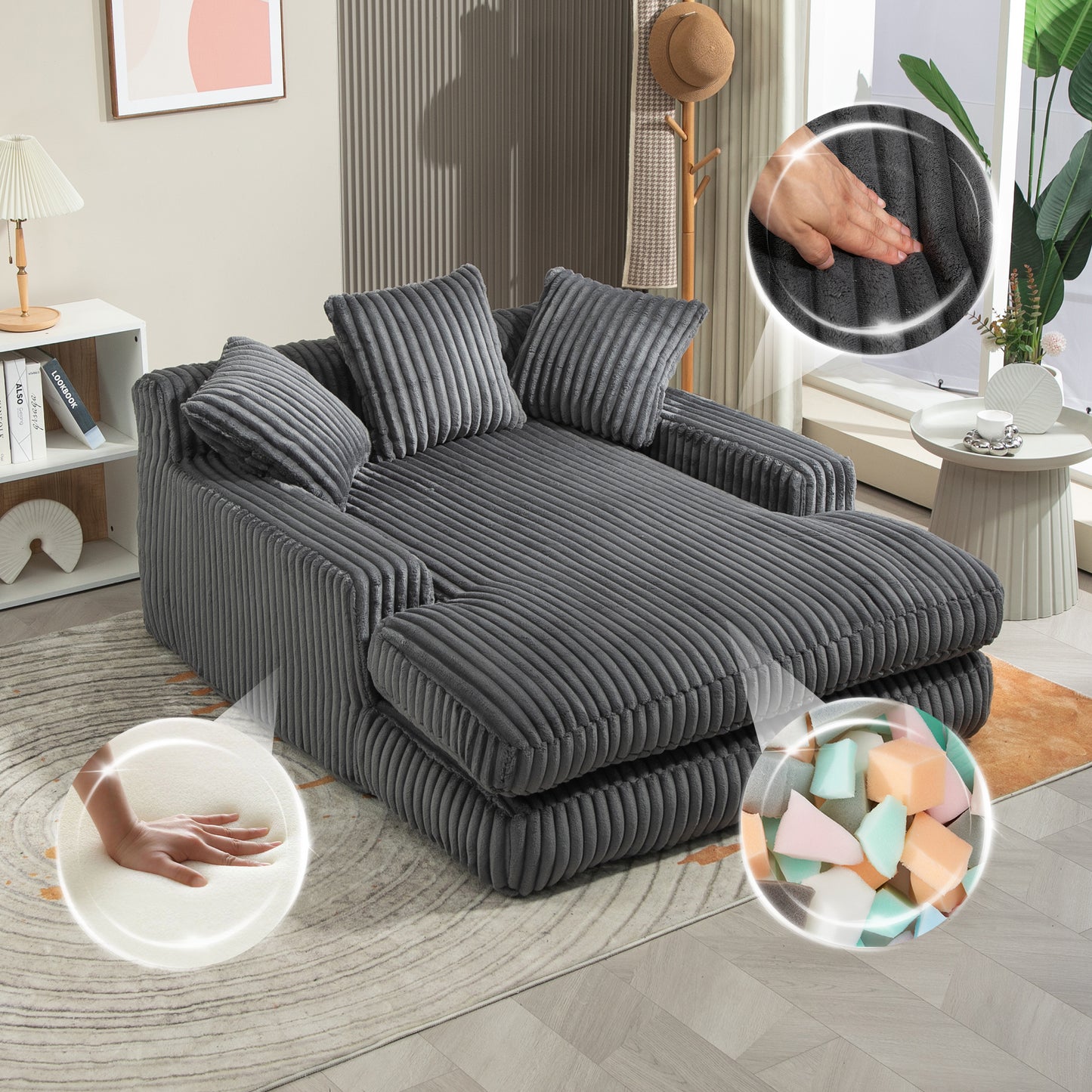 Modern Corduroy Sofa Bed Cloud Couch With 3 Soft Cushions, Comfortable Single Seat Floor Sofa For Living Room Apartment Office  Dark Grey