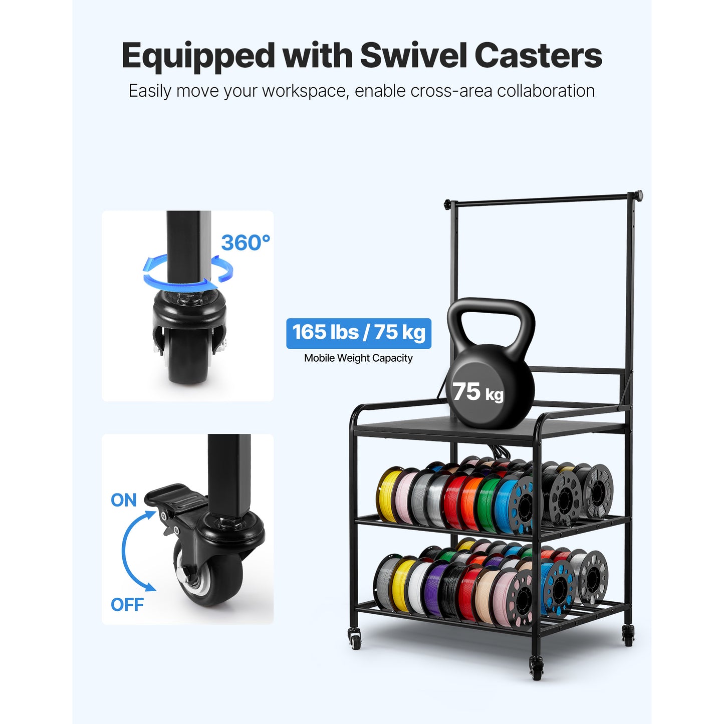 3D Printer Filament Storage Rack, 3-Tier 3D Printer Stand With Filament Storage, Spools Holder Racks Cart With Wheels, Filaments Organzied For 3D Printing Station, Office, Workshop Shelf Only