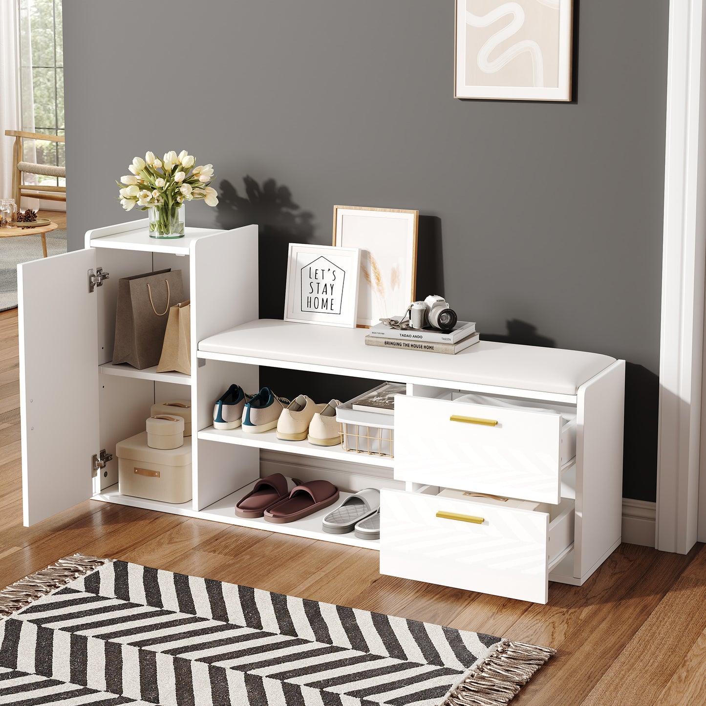 128x30x68cm Shoe Cabinet Shoe Rack With 2 Drawers 1 Cabinet, High Gloss Shoe Benches Benches With Upholstered And Storage Space, Suitable For Living Room, Hallway, Office, White