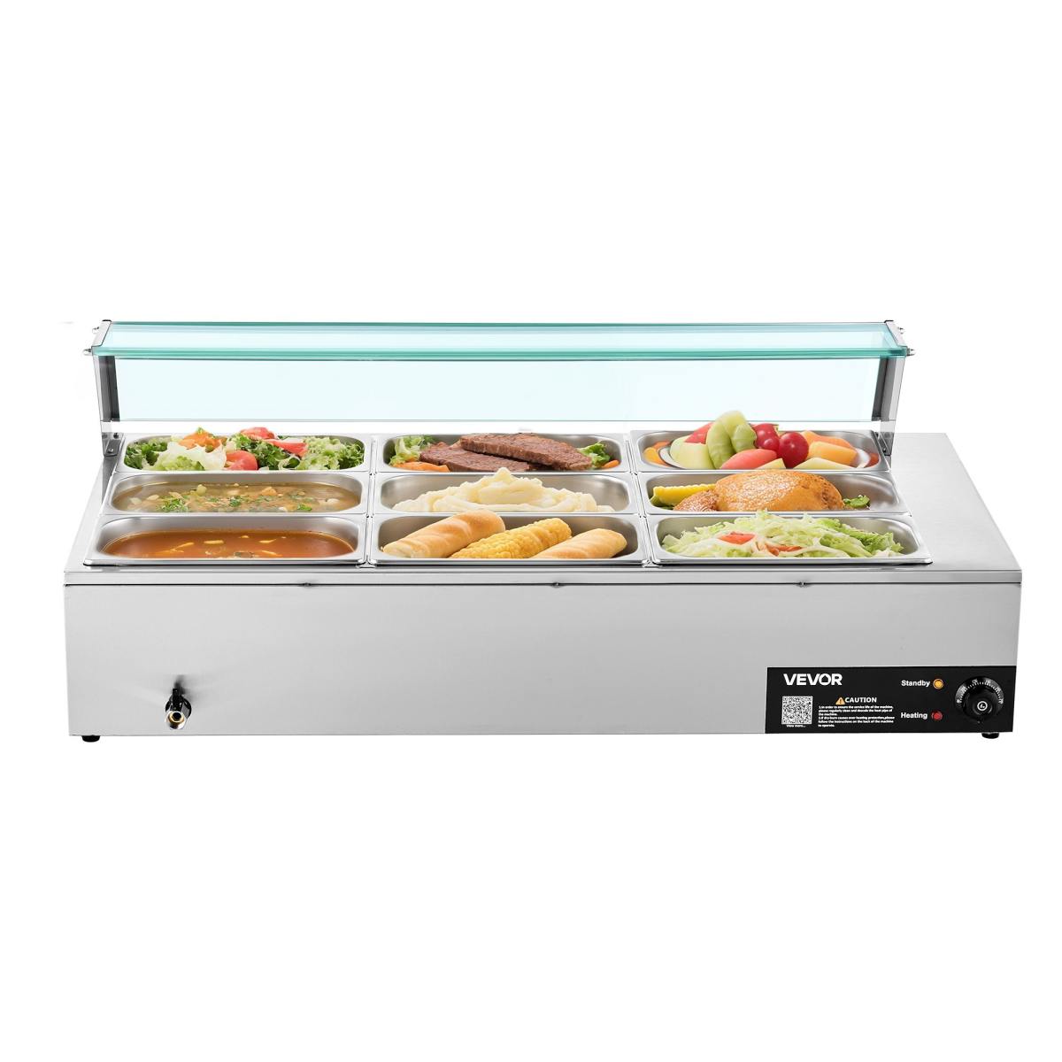 Commercial Food Warmer, 1500W Electric Stainless Steel Steam Food Warmer With Glass Cover, 9-Pan Countertop Buffet Bain Marie With Soup & Perforated Ladles, For Catering, Restaurant & Party