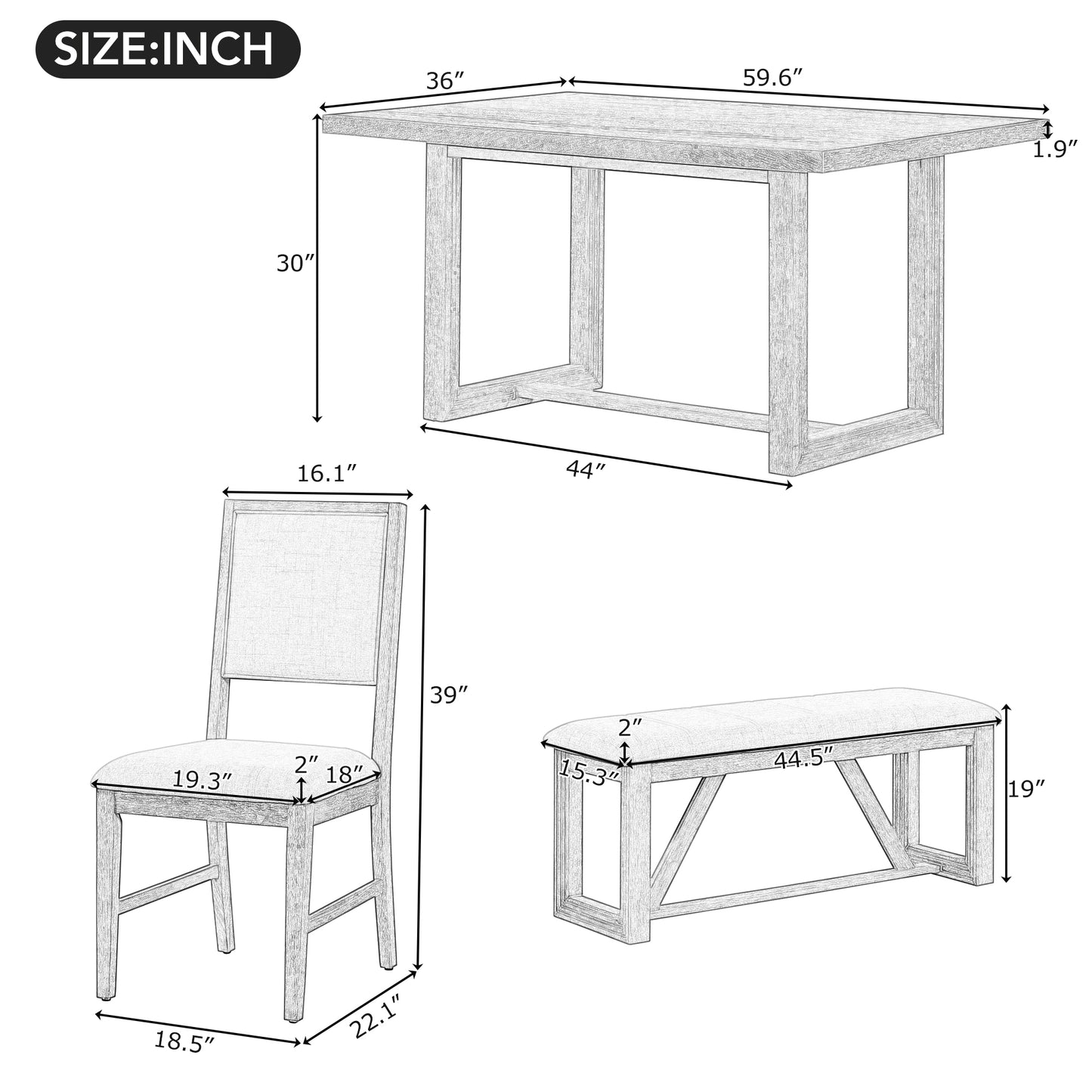 TREXM 6-Piece Retro Dining Table Set For 6  60 Wood Kitchen Table And Chairs Set Of 4 With Bench Designed Trestle Base For Kitchen & Dining Room  Natural
