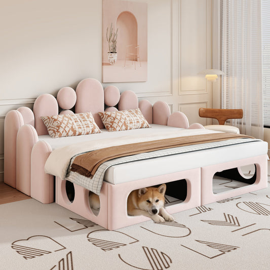 Upholstered Sofa Bed With Pet Bed, 2-in-1 Multifunctional Upholstered Bed 180x200cm, Upholstered Bed With Soft Velvet Fabric, Slatted Base And Backrest, Pink.