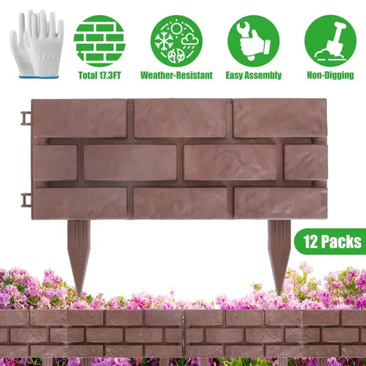 12PCS Stone Fence Edging Panels, Imitation-Stone PP Garden Border With Rotatable Connectors, Easy Snap Assembly Adjustable Angle For Garden Yard Lawn Flower Bed Landscape, Red