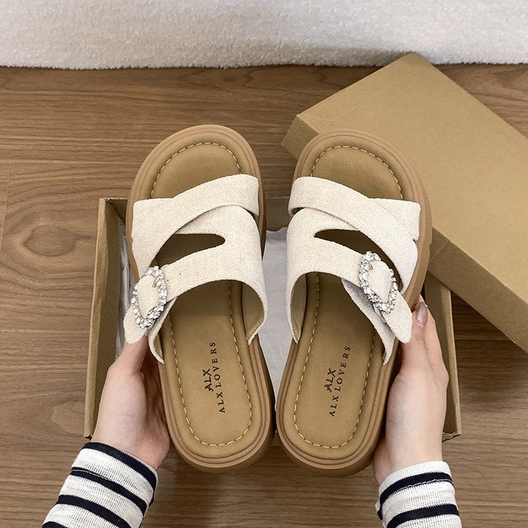 Thick Soled Sandals For Women In Summer, Retro Boken One Line Drag, Sponge Cake Beach Sandals For Outdoor Wear