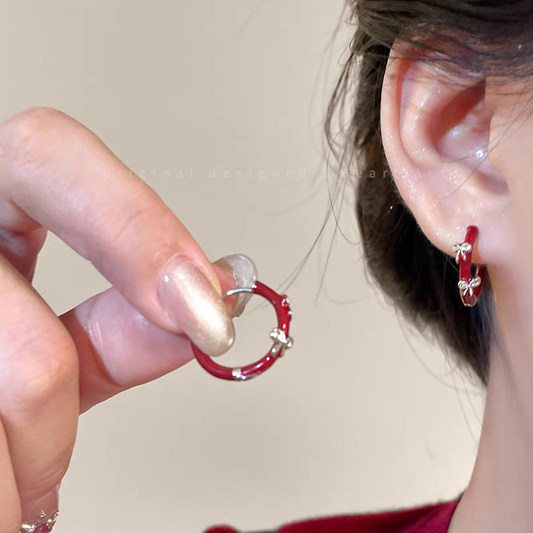 1 Pair 999 Sterling Silver Wine Red Enamel Butterfly Hoop Earrings, Retro & Elegant, Perfect For Daily, Dating & Festivals, Ideal Valentine's Gift
