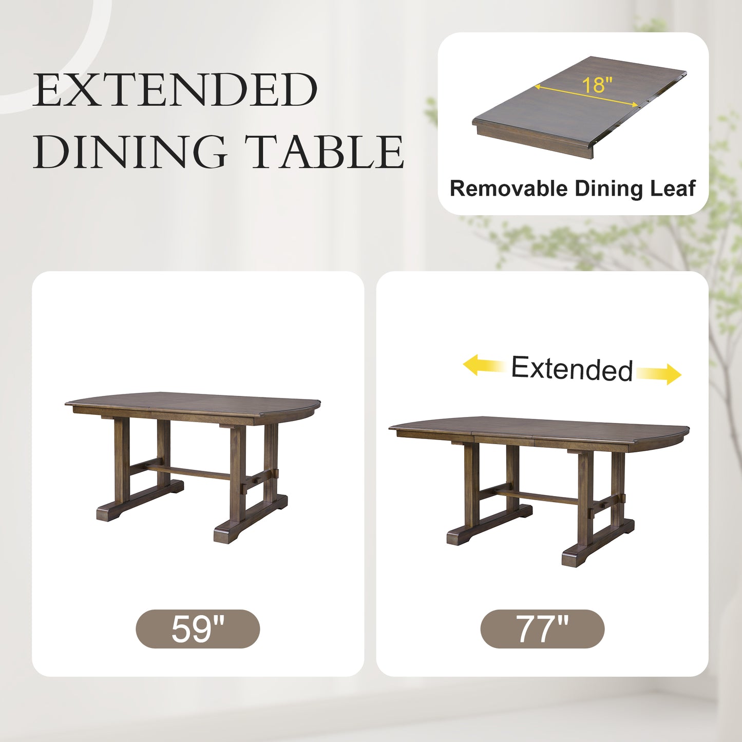 59 -77  Extendable Dining Table, Farmhouse Wooden Kitchen Table With Removable Leaf, Large Expanding Table For 4-8  Brown