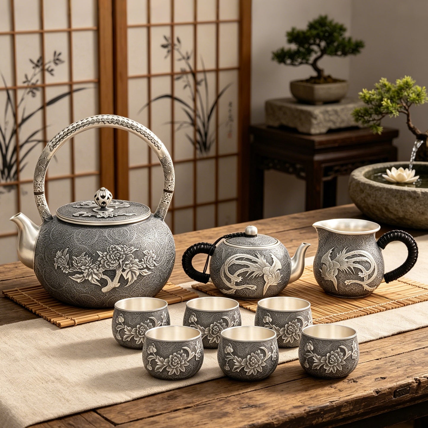 925 Sterling Silver Antique  Tea Set with Handcrafted Asian Artistry and Intricate Floral Phoenix Designs - Handicraft
