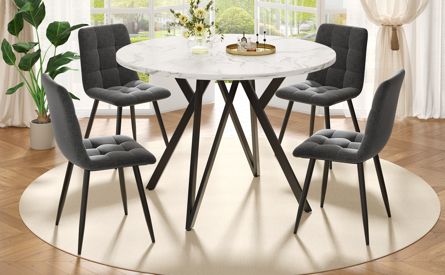 Round Dining Table  100x100x76cm , Kitchen Dining Table, Round Coffee Table For 4 People, Suitable For Dining Room, Living Room, Stylish Metal Table Legs, MDF Marble Table Top, Black